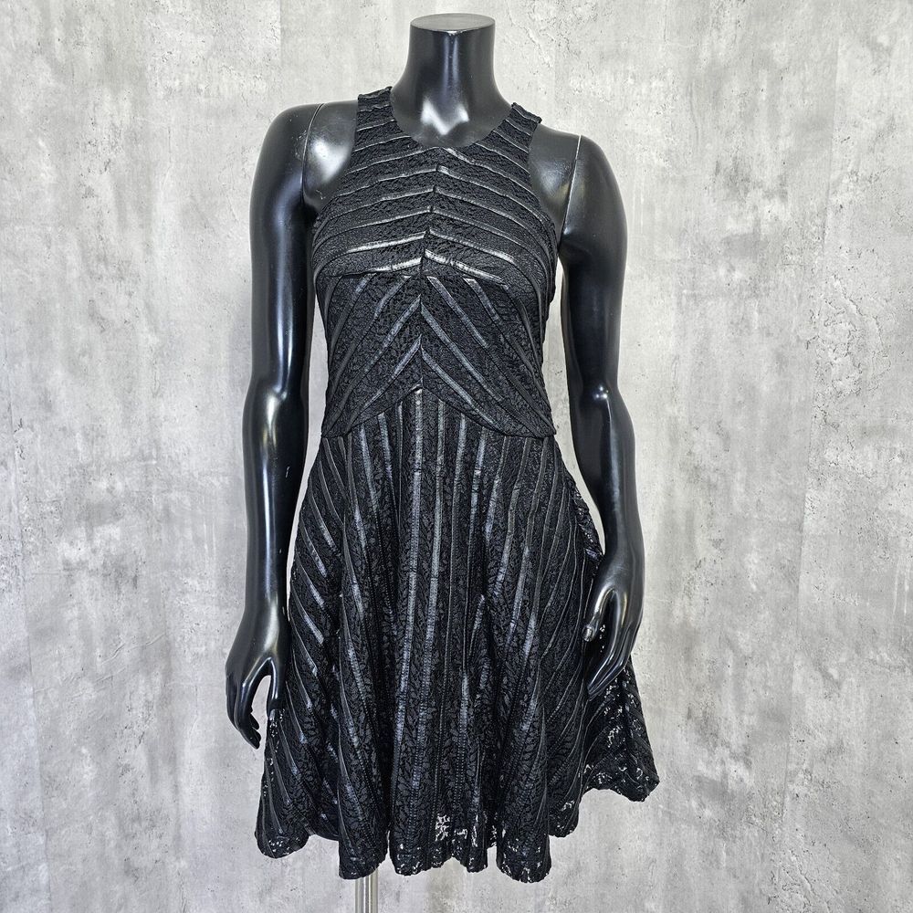 ANGL Womens M Black Faux Leather Stripe Lace Fit‎ Flare Peekaboo Back Dress LBD